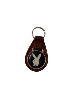 PLAYBOY Brown Leather Key Fob with Black, White Bunny Emblem